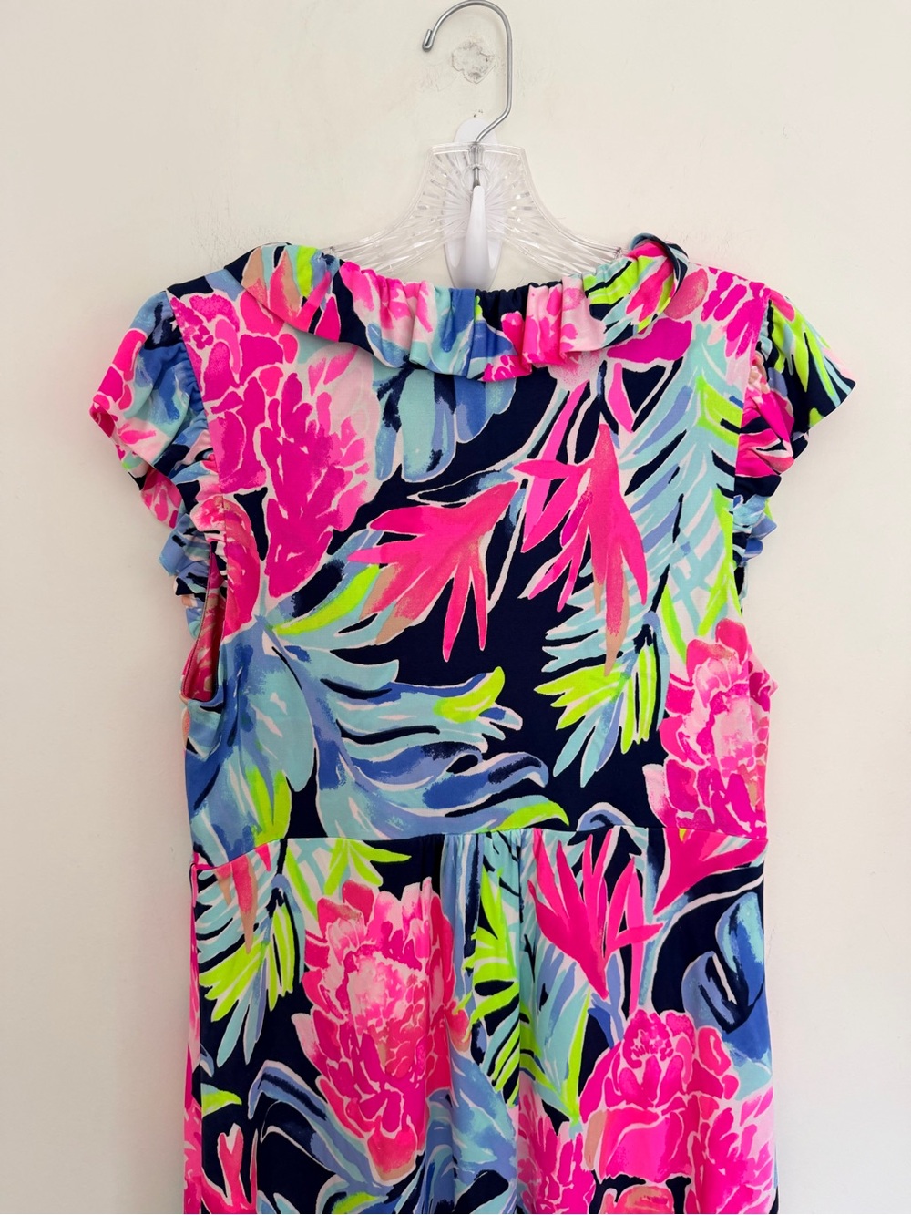 LILLY PULITZER CLARE SILK JERSEY Dress Vibrant Floral Ruffle Neck Pink & Navy L - Picture 7 of 8